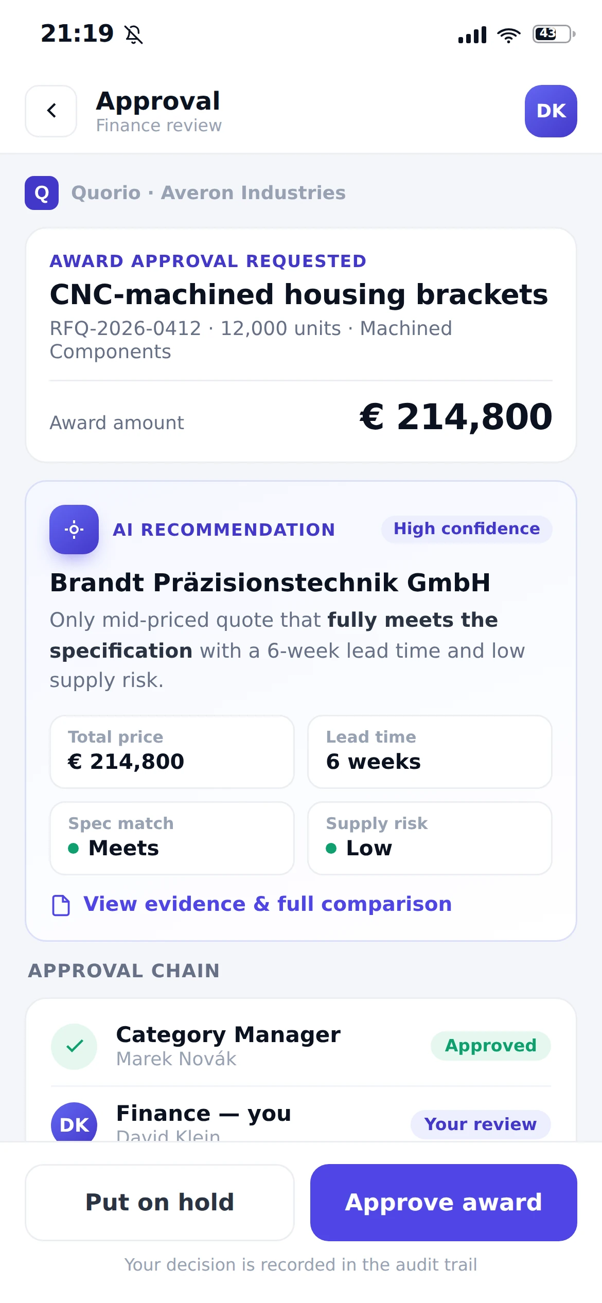 Quorio mobile approval screen: a finance approver reviewing an award recommendation with amount, spec match, supply risk, the approval chain, and approve or hold actions.