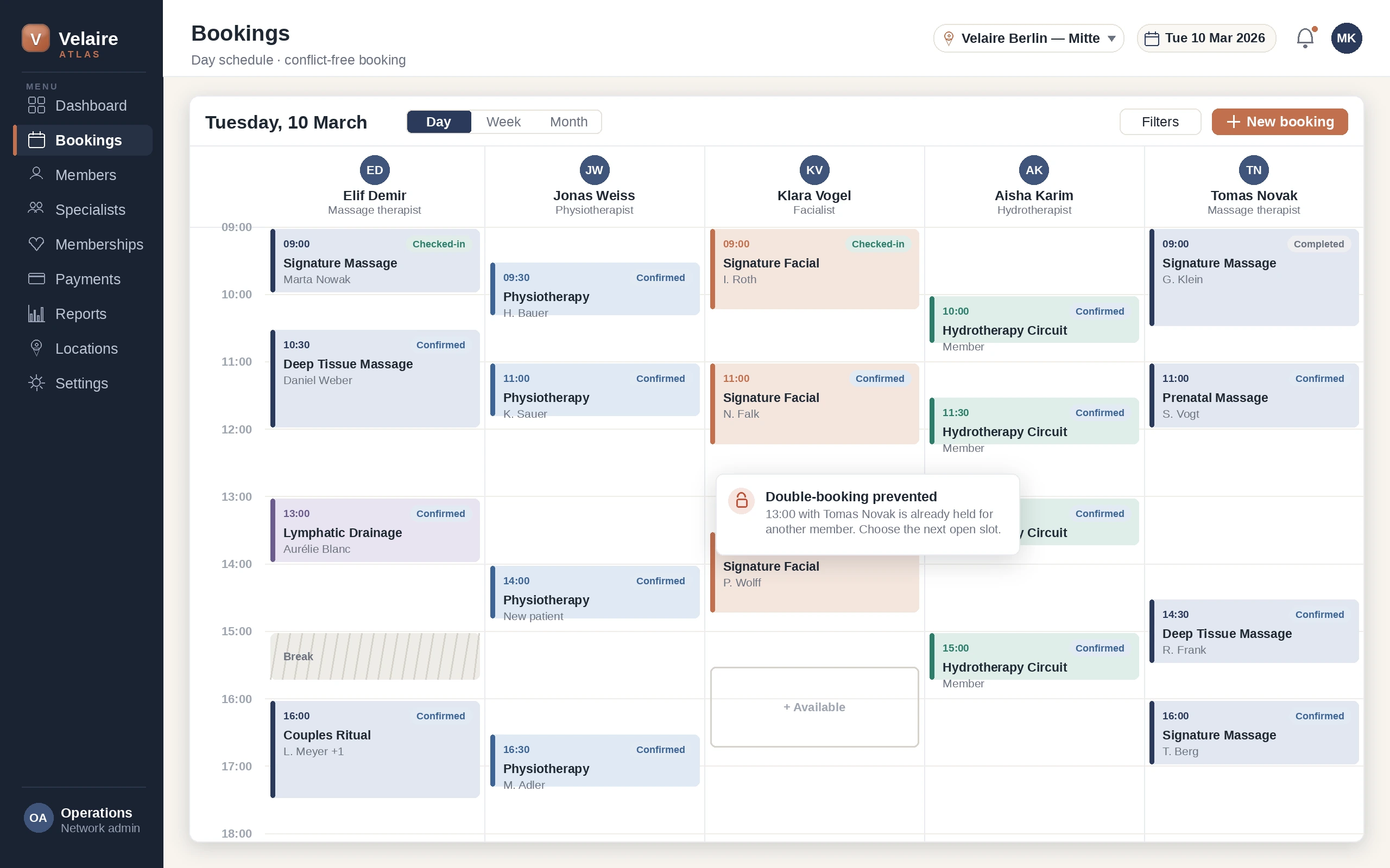 Velaire Atlas booking calendar: a day schedule for Velaire Berlin with five specialist columns, colour-coded treatments, a break block, an available slot, and a callout showing a double-booking was prevented