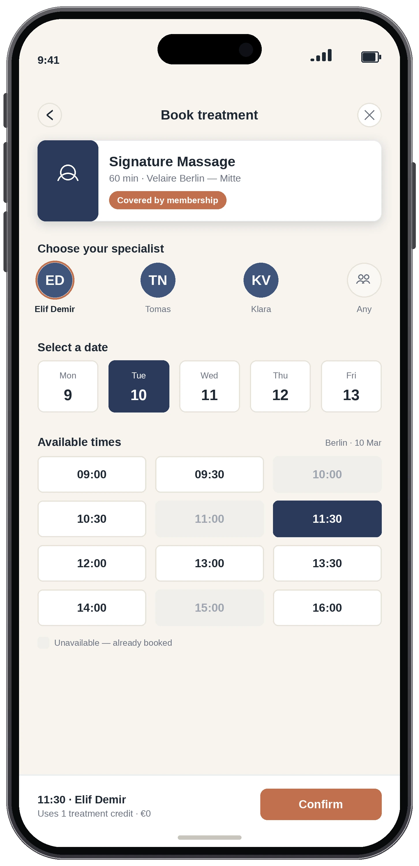 Velaire Member companion app booking screen: choosing a specialist, date and available time for a Signature Massage covered by membership, with unavailable times greyed out